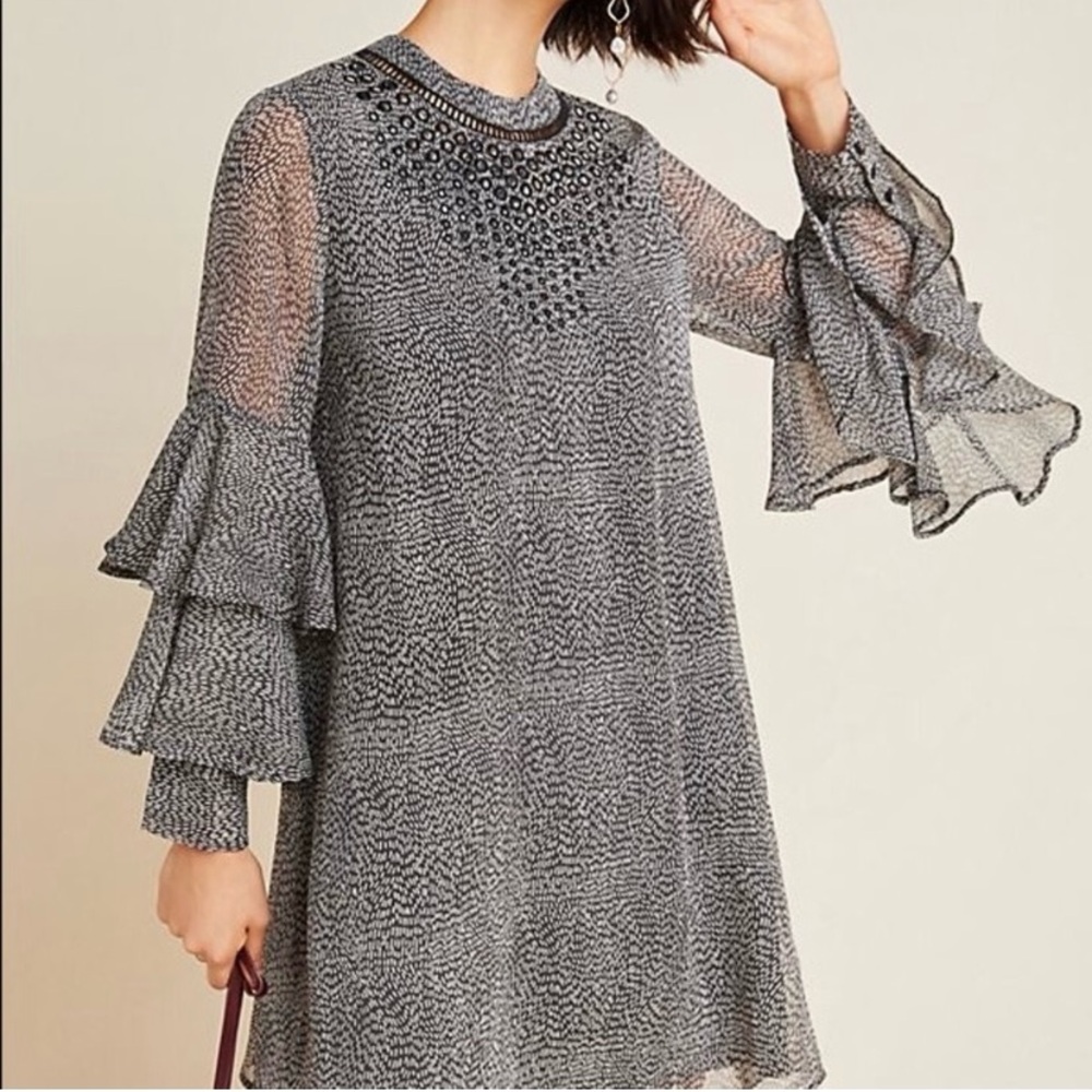 Anthropologie Ranna Gill Silver Black Tiered Bell Sleeve Mini Dress